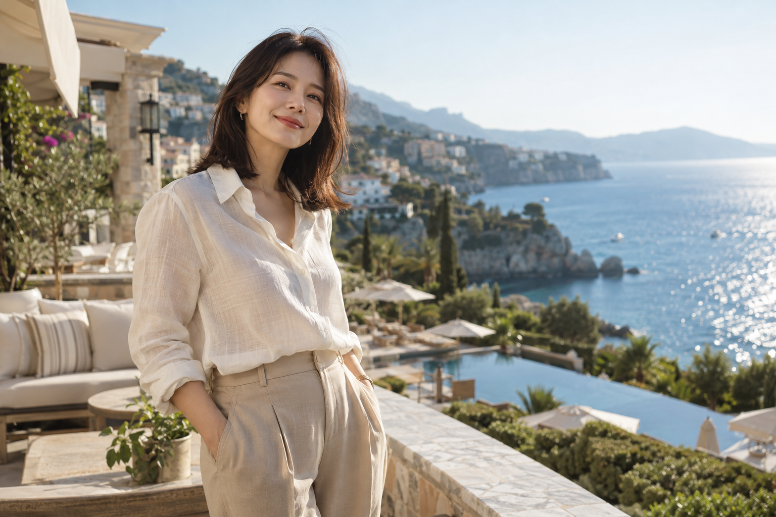 바다가 보이는 호텔 테라스의 종순이 광고 모델